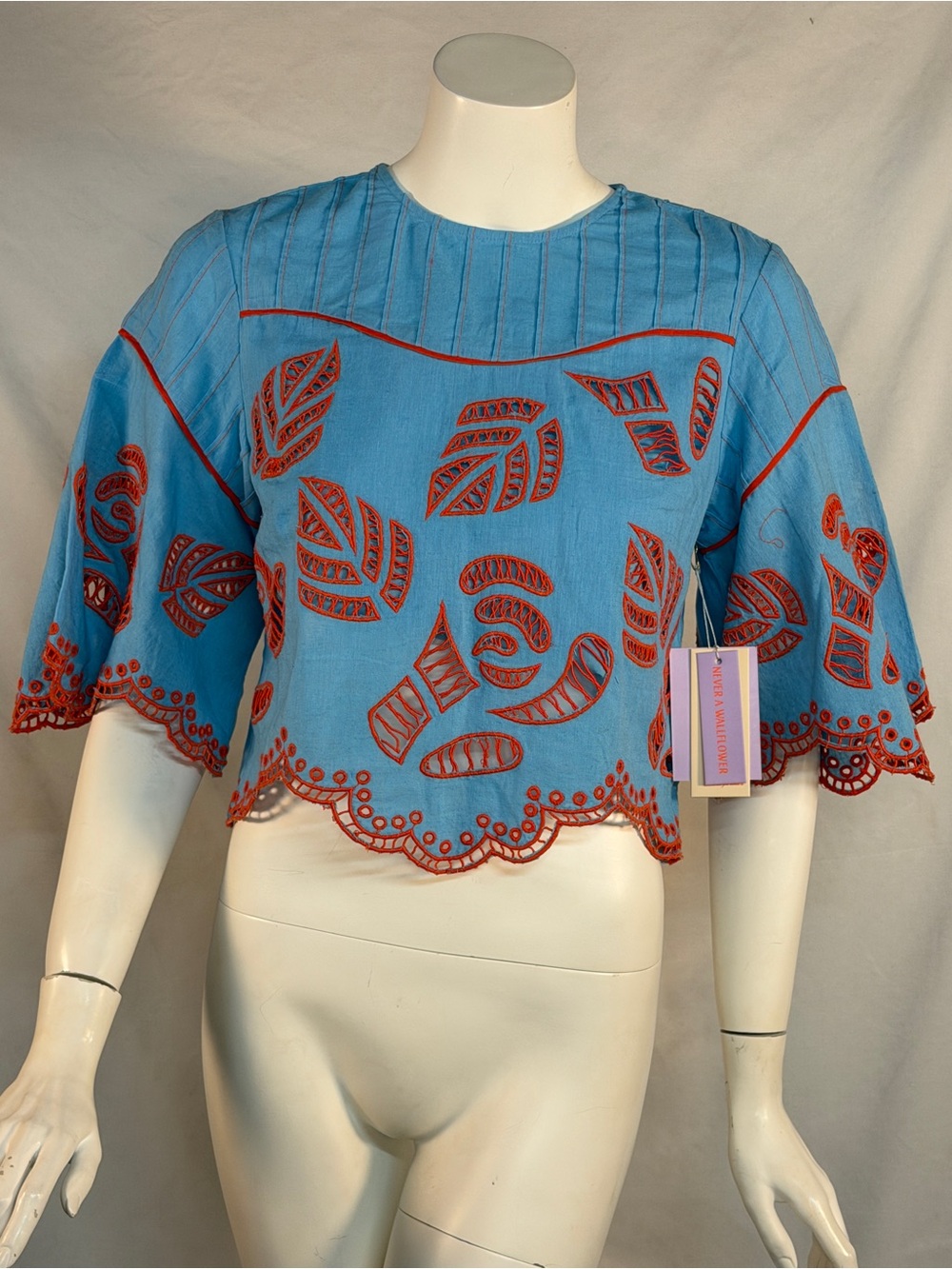 Never A Wallflower Embroidered Light Blue Cropped Top with orange Trim - Picture 3 of 15